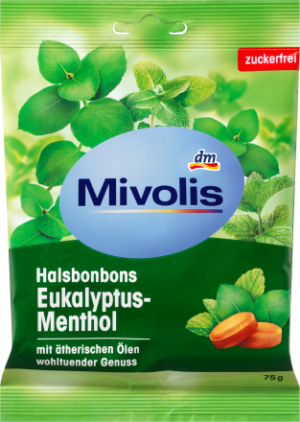 Льодяники від болю в горлі з ментолом Mivolis Halsbonbons Eukalyptus-Menthol 75г 4058172363993
